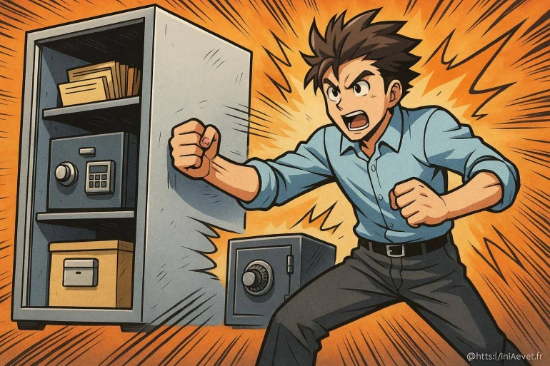 Homme anime frappant un coffre fort