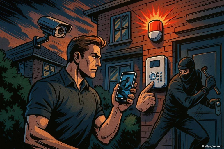 Homme alerte cambriolage caméra alarme
