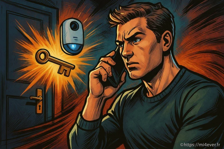 Homme sérieux téléphone sécurité porte clé