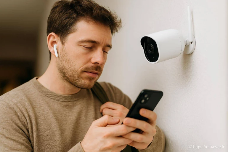Homme utilisant smartphone près caméra surveillance