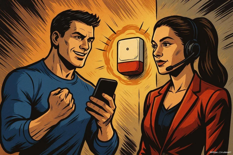 Homme heureux avec téléphone et femme en casque
