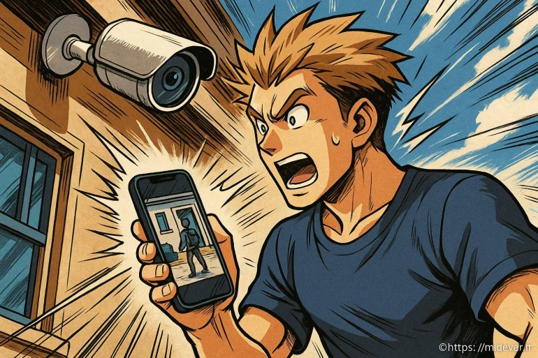Homme surpris regardant une caméra de surveillance