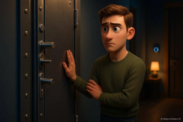 Jeune homme anxieux devant porte blindée