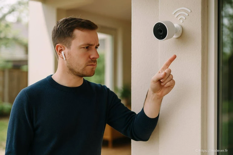 Homme interagissant avec caméra de sécurité wifi