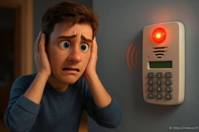 Jeune homme stressé face à une alarme sonore