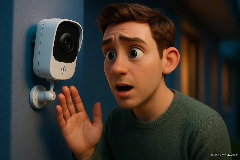 Homme surpris face à caméra de surveillance