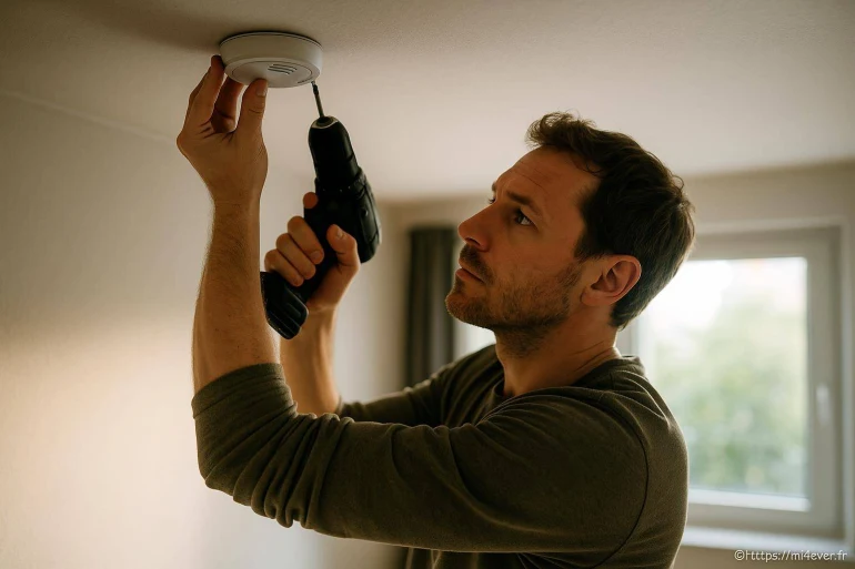 Homme installant détecteur de fumée plafond