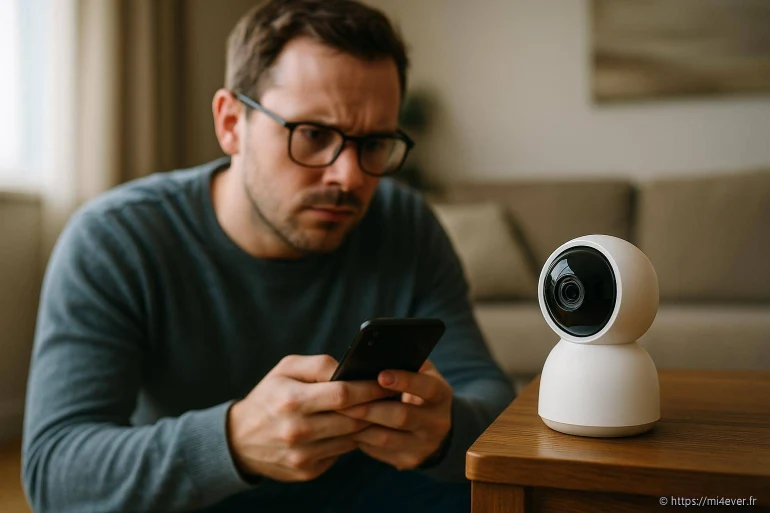 Homme utilisant smartphone près caméra de surveillance