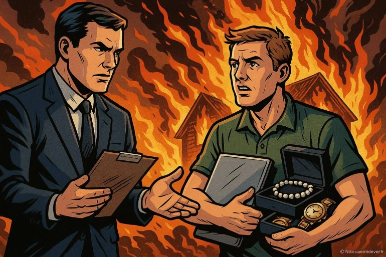 Hommes discutant devant maison en feu