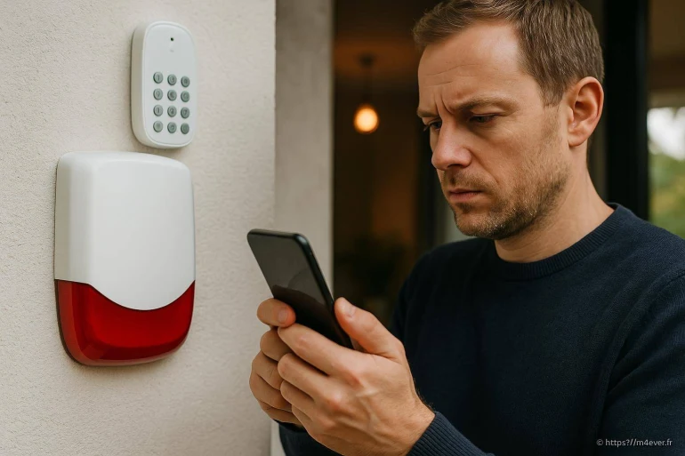 Homme utilisant smartphone près alarme maison