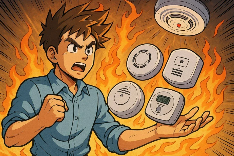 Homme anime avec detecteurs de fumee en feu