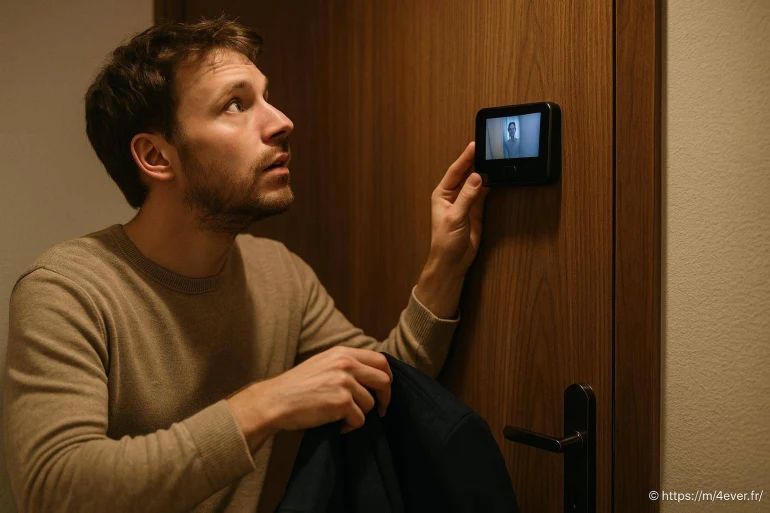 Homme regardant un visiophone sur une porte