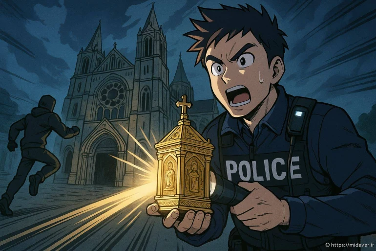 Policier tenant reliquaire doré devant cathédrale