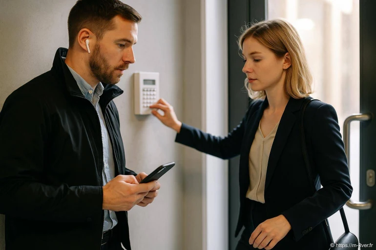 Homme et femme devant un digicode