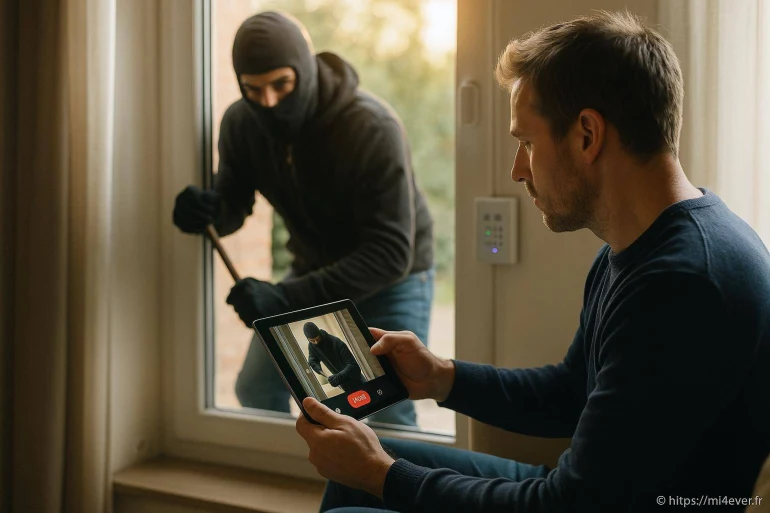 Homme surveillant un cambrioleur sur tablette
