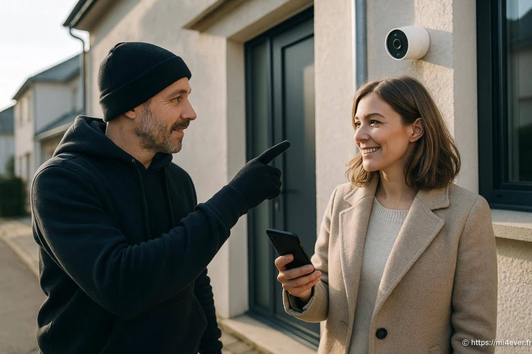 Femme souriante avec smartphone et homme en bonnet