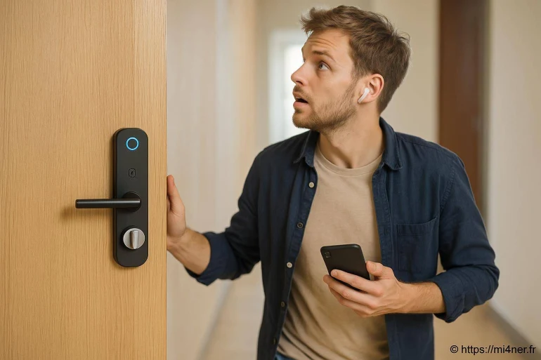 Homme surpris devant porte avec serrure connectée