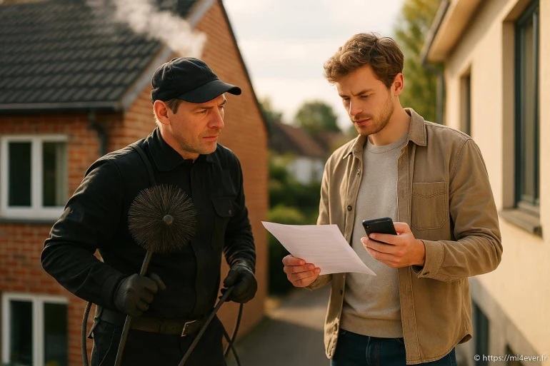 Ramoneur discutant avec client devant maison