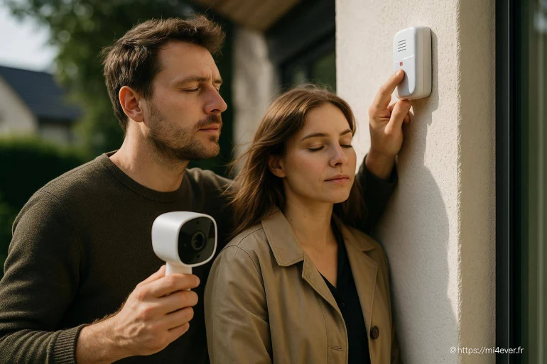 Couple testant alarme de sécurité maison