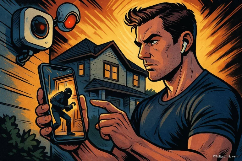 Homme surveillant un cambrioleur sur smartphone