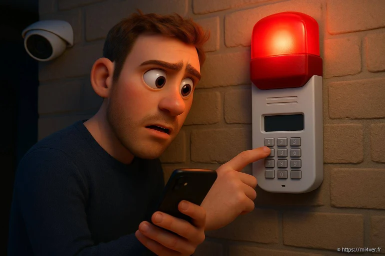 Homme inquiet utilisant un clavier code alarme