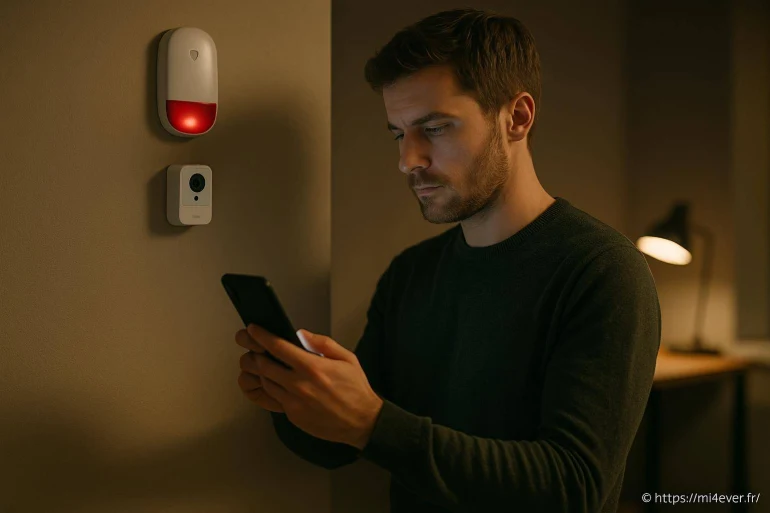 Homme vérifiant alarme sécurité sur smartphone