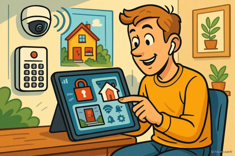 Homme contrôlant la sécurité de sa maison connectée
