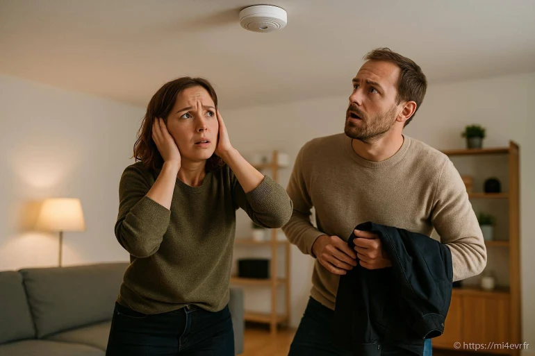 Couple inquiet détecteur de fumée qui sonne