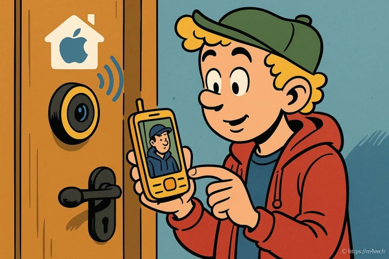 Jeune garçon utilisant une caméra de porte connectée
