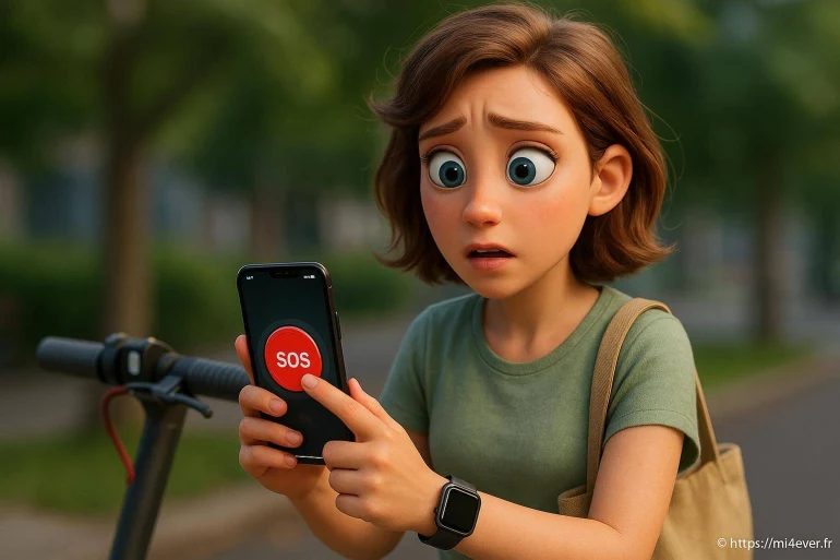 Femme inquiète appuie sur bouton sos smartphone