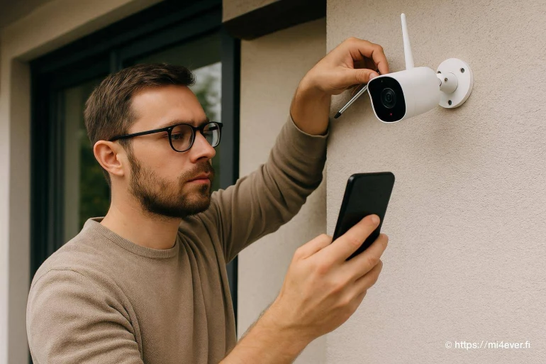 Homme installant une caméra de sécurité extérieure