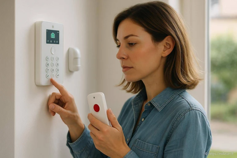 Femme activant alarme de sécurité domestique