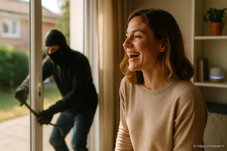 Femme souriante à côté d'un cambrioleur masqué