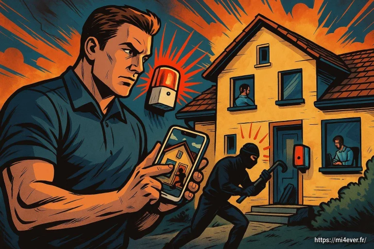Homme surveillant un cambrioleur via smartphone