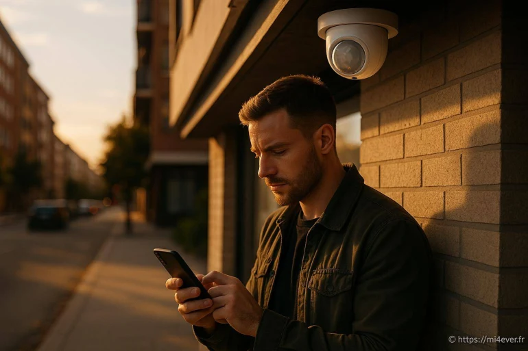 Homme utilisant smartphone sous caméra de surveillance