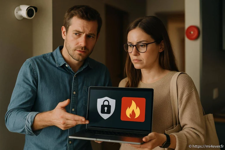 Couple montrant écran sécurité et incendie