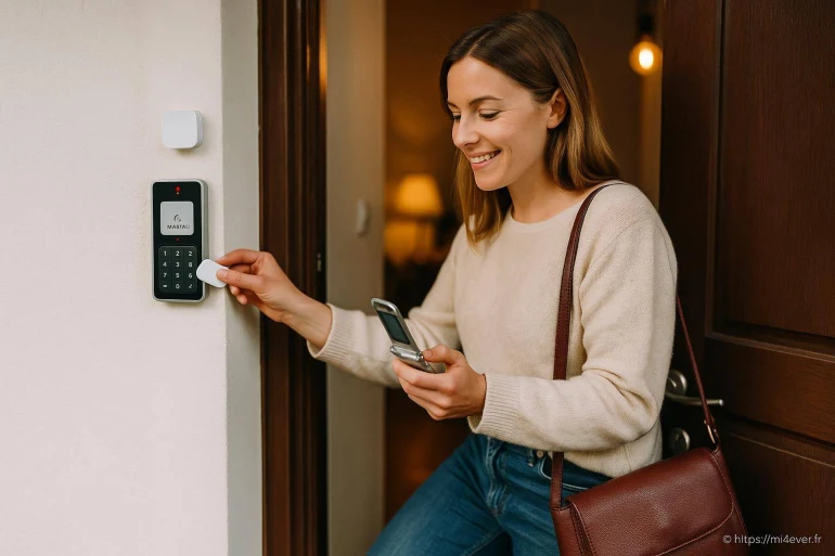 Femme utilisant badge électronique pour ouvrir porte