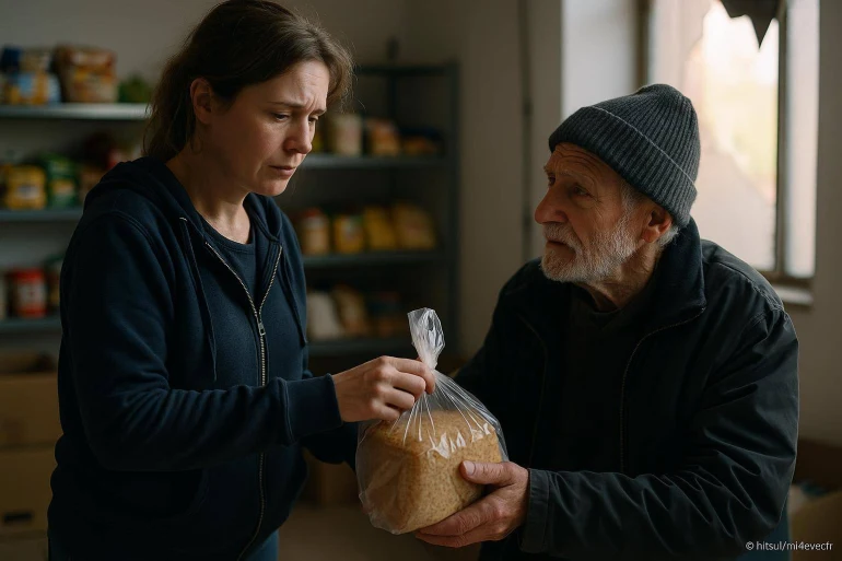 Femme distribuant du pain à un homme âgé