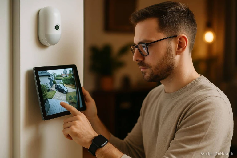 Homme utilisant tablette pour surveillance maison