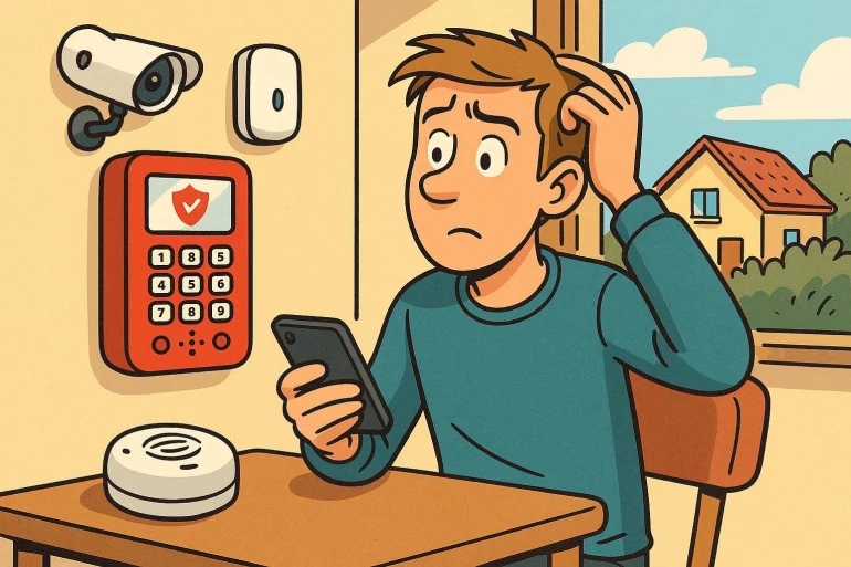 Homme confus devant système sécurité maison