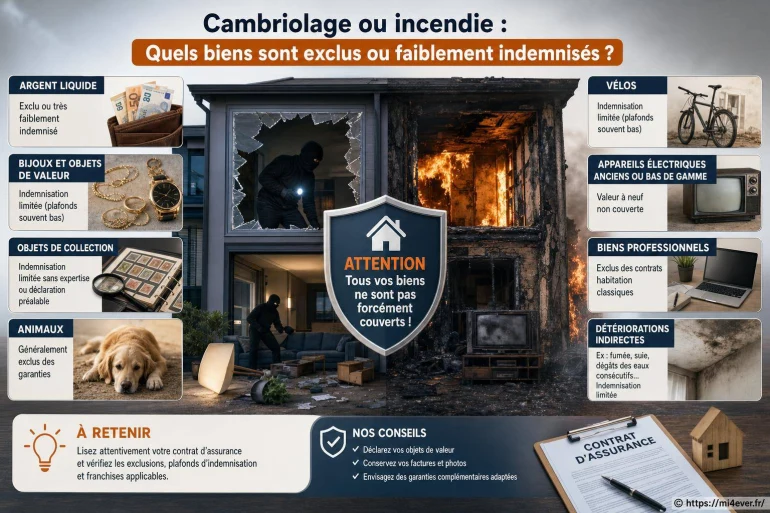 Quels sont les biens exclus ou faiblement indemnisés en cas de cambriolage ou d’incendie ?